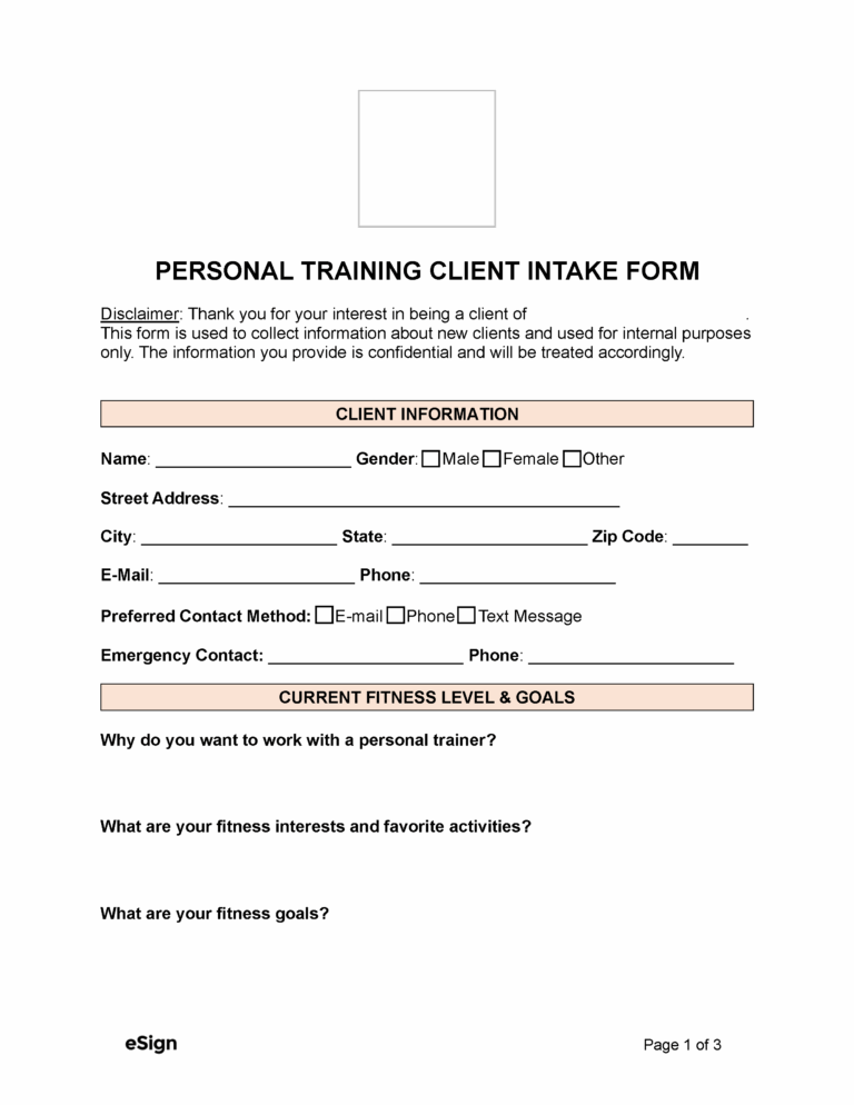 Free Personal Training Client Intake Form PDF Word