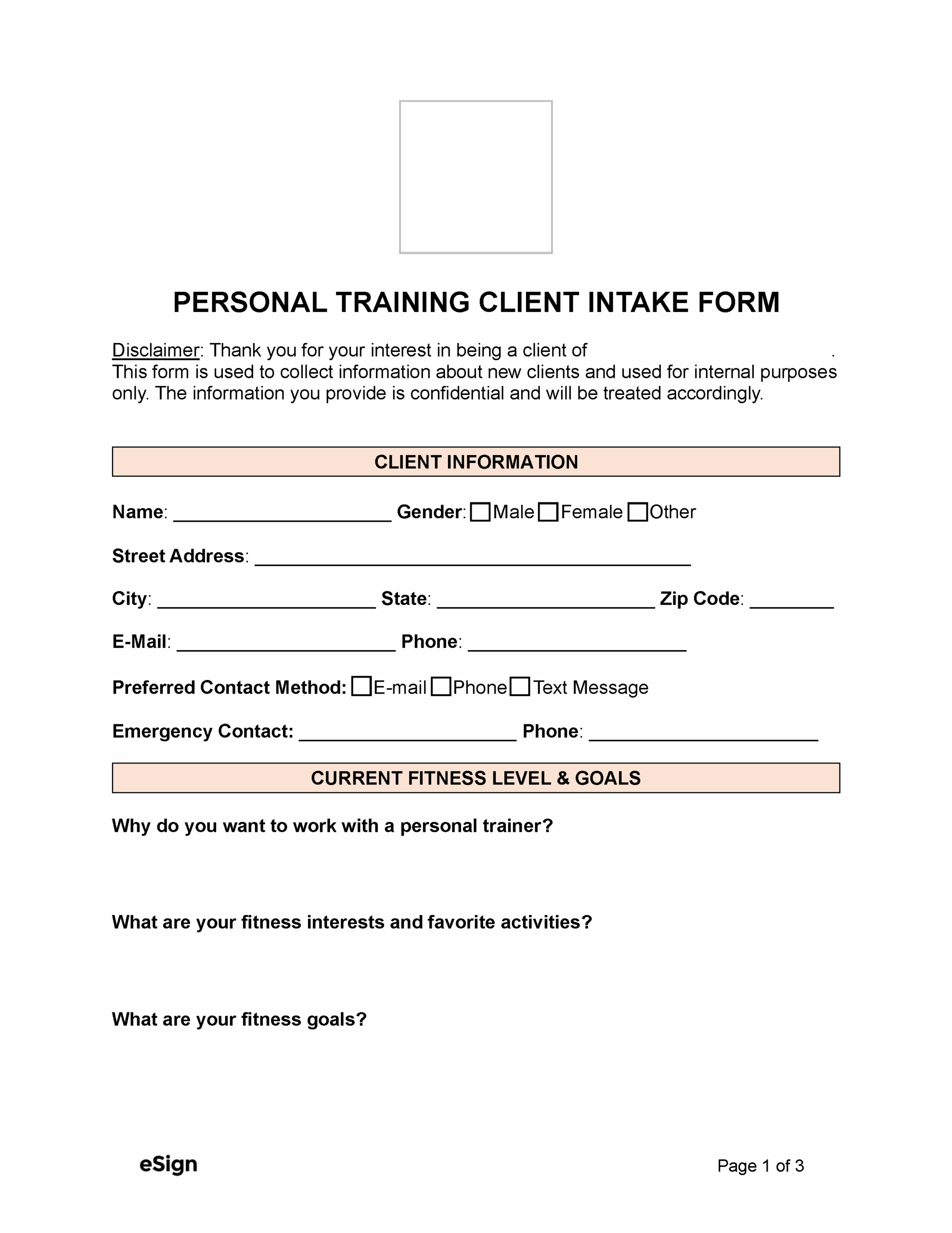 Free Personal Training Client Intake Form PDF Word