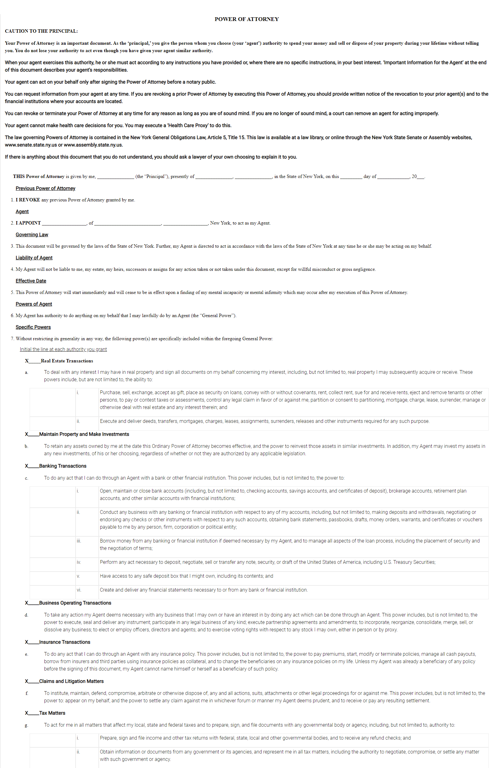 Free Power Of Attorney Form New York POA In NY