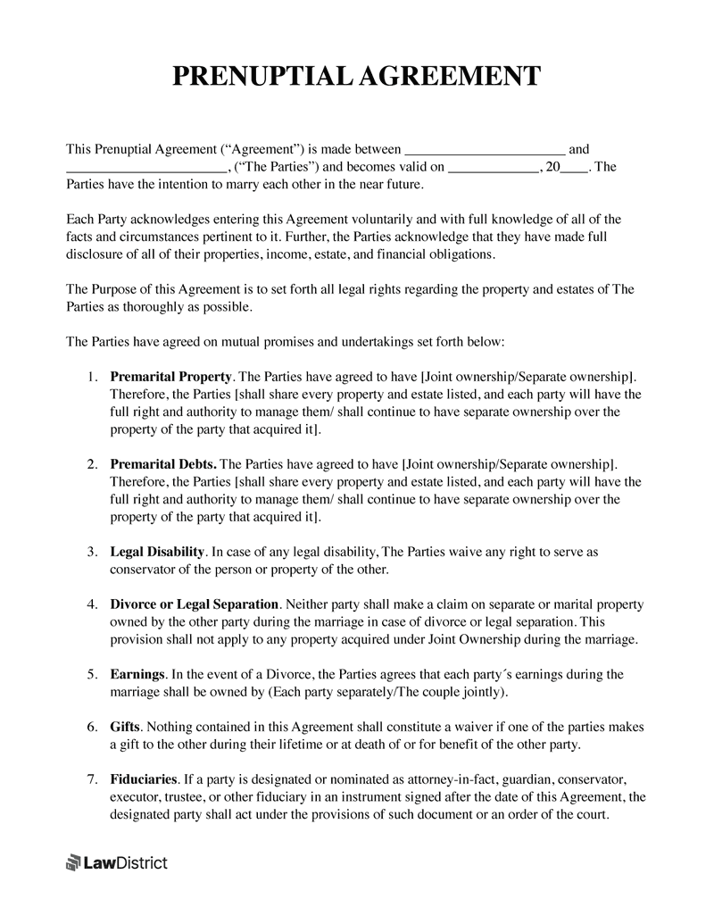 Free Prenuptial Agreement Template PDF U0026 Sample LawDistrict