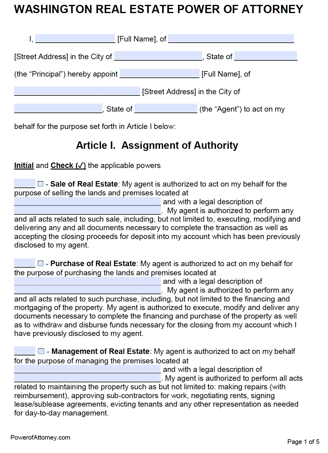 Free Real Estate Power Of Attorney Form Washington