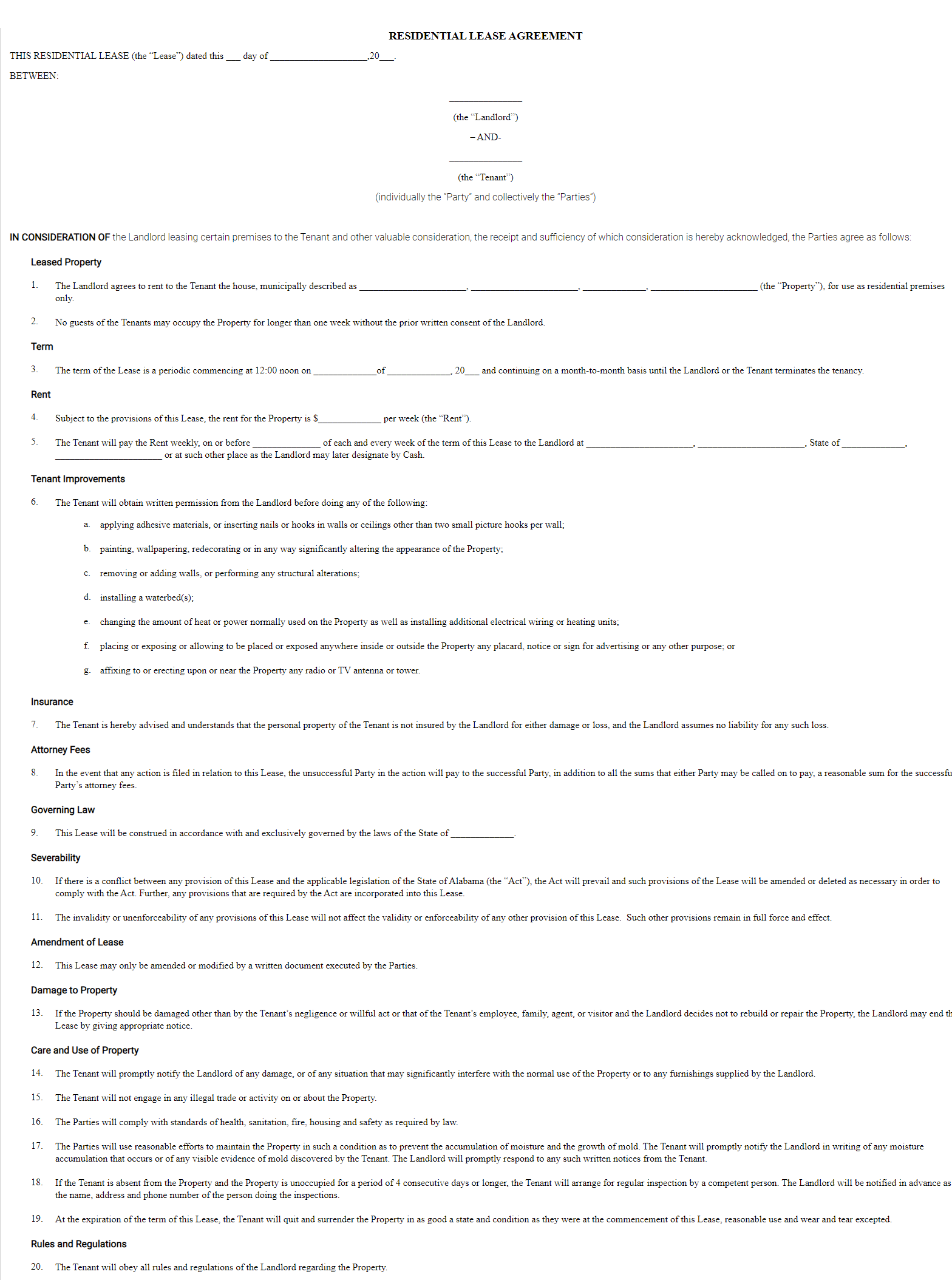 Free Printable Renters Agreement Form