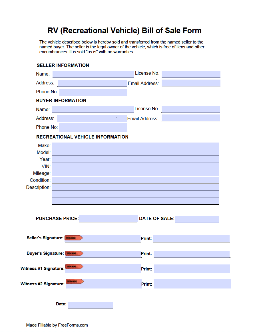 Free Printable Texas Bill Of Sale Form For Rv