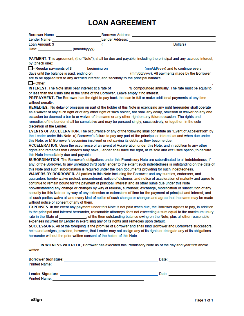 Free Simple 1 Page Loan Agreement Template PDF Word