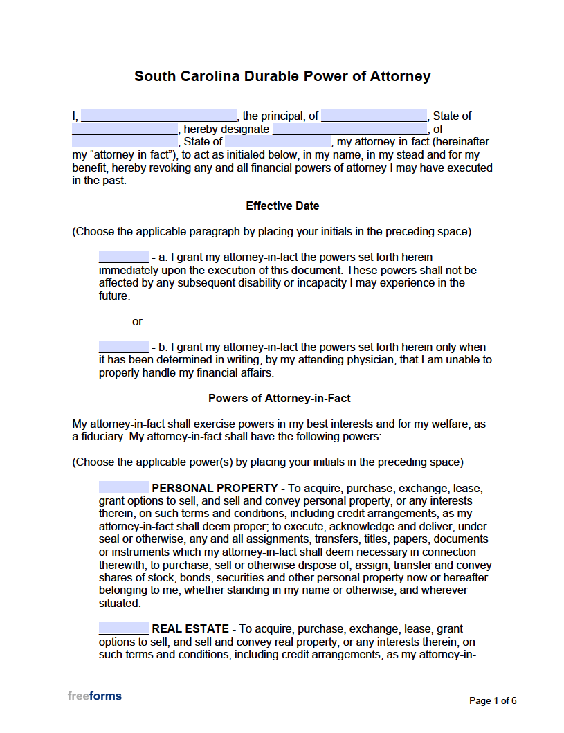 Free South Carolina Durable Financial Power Of Attorney Form 