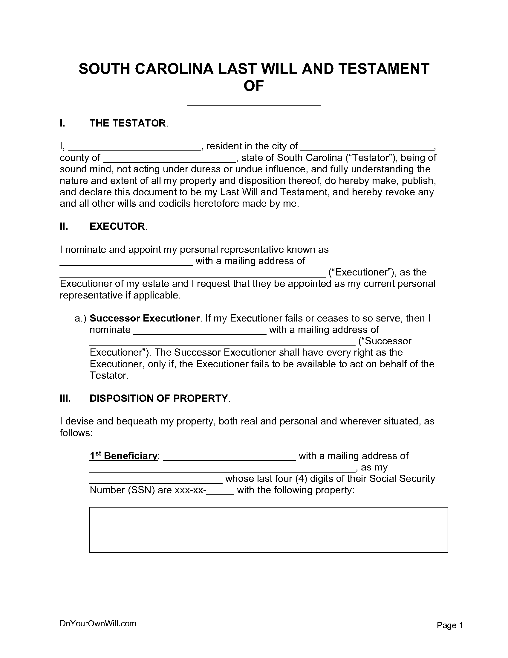 Free South Carolina Last Will And Testament Form PDF WORD ODT