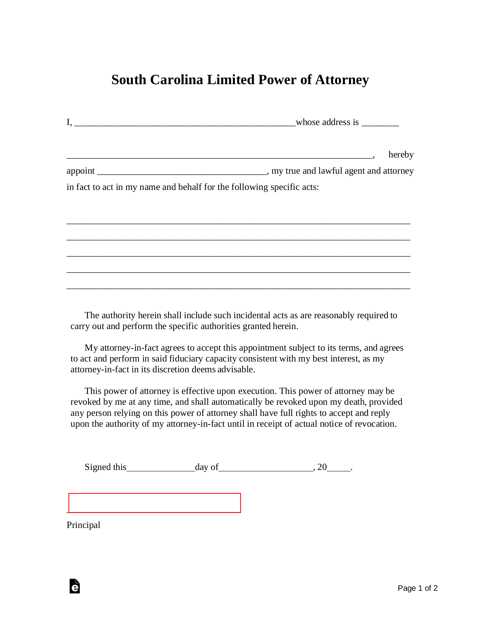 Free South Carolina Limited Power Of Attorney Form PDF Word 