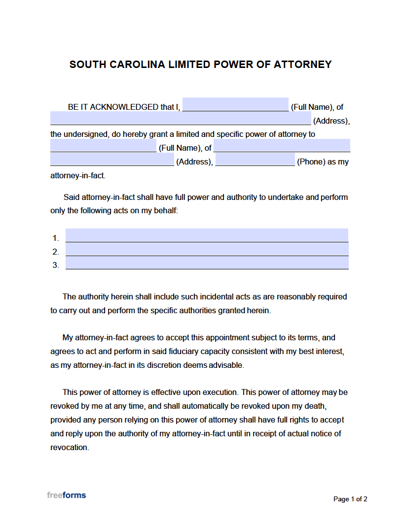 Free South Carolina Limited Special Power Of Attorney Form PDF 