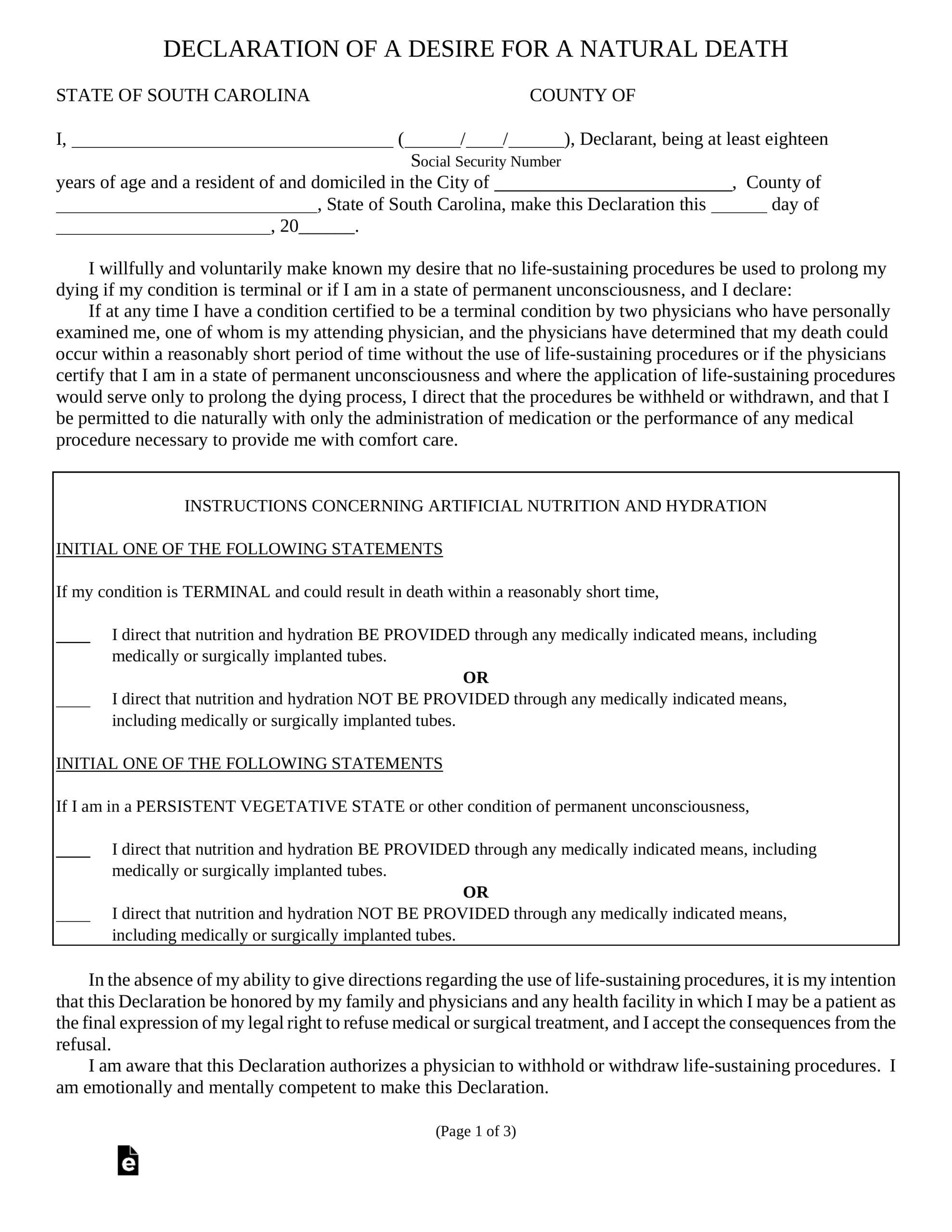 Free South Carolina Living Will Form Template PDF EForms