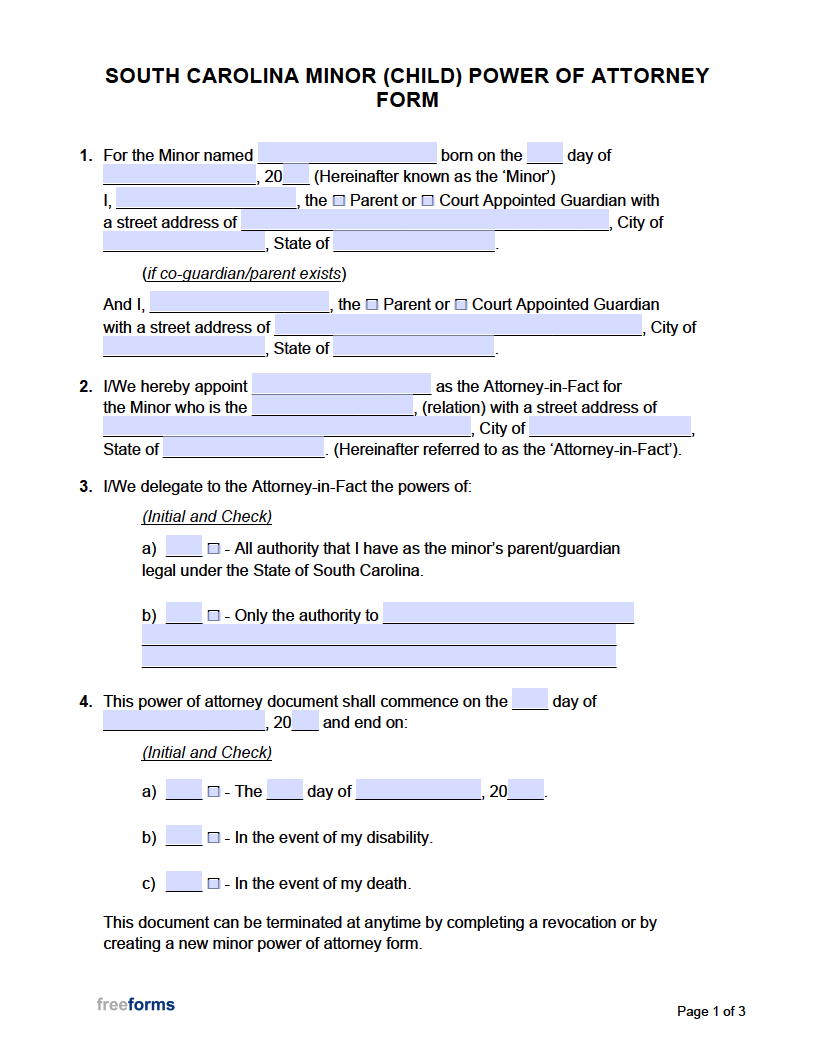 Free South Carolina Minor Child Power Of Attorney Form PDF Word