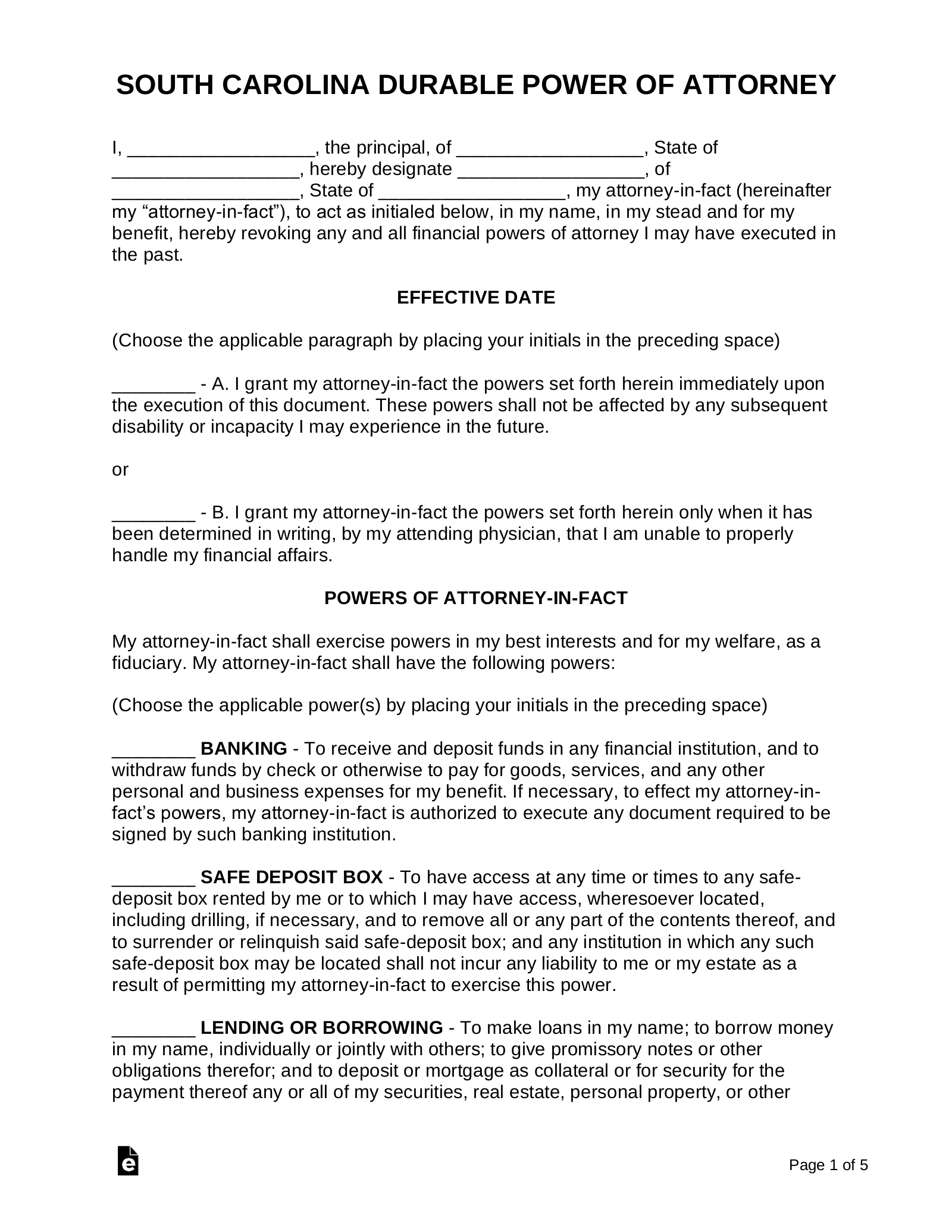 Free Printable Power Of Attorney Form For Sc