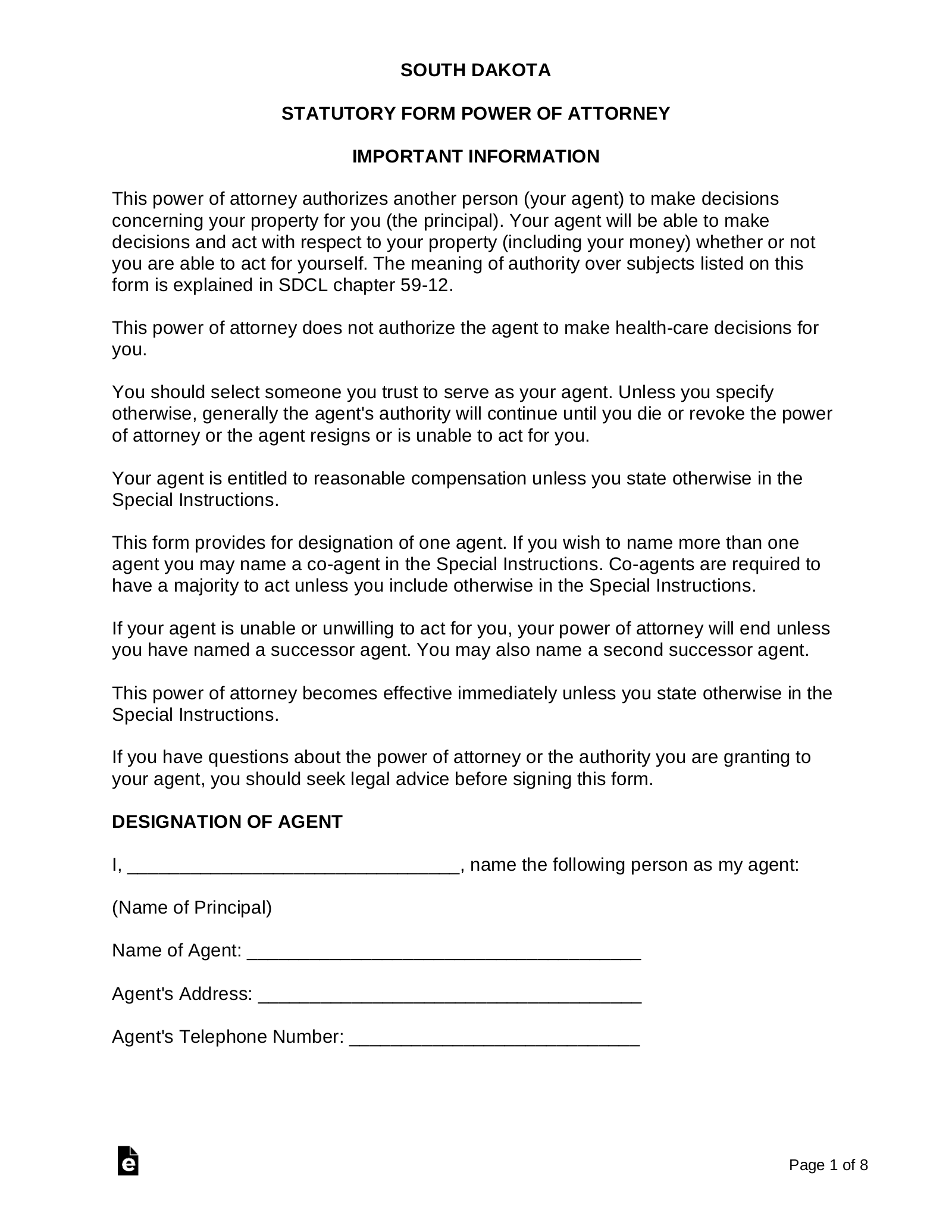Free South Dakota Power Of Attorney Forms 10 Types PDF Word EForms