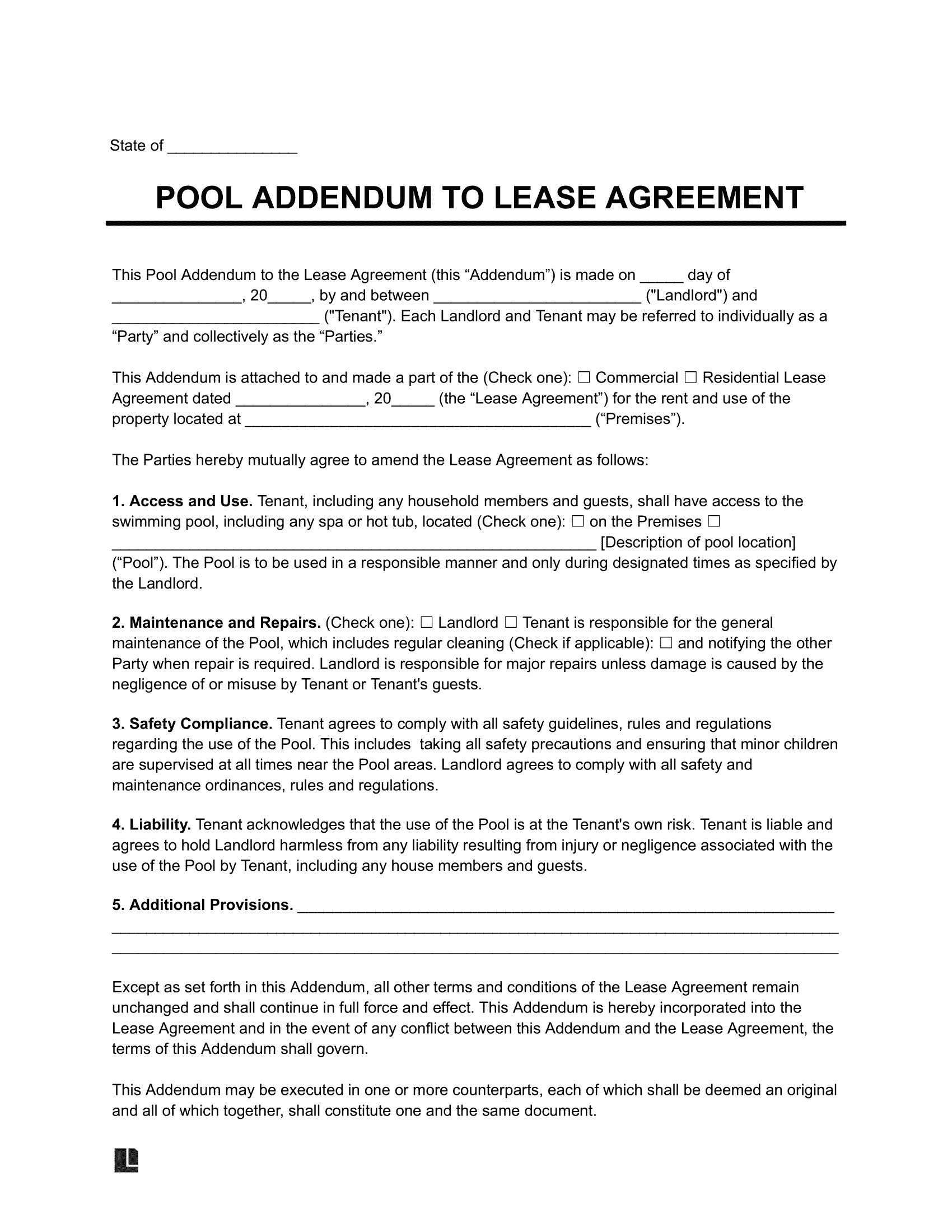 Free Swimming Pool And Spa Lease Addendum Template PDF U0026 Word