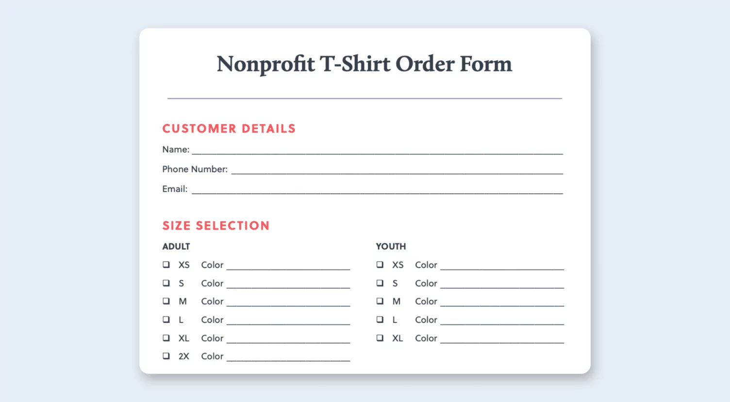 T-Shirt Order Form Template Free Printable