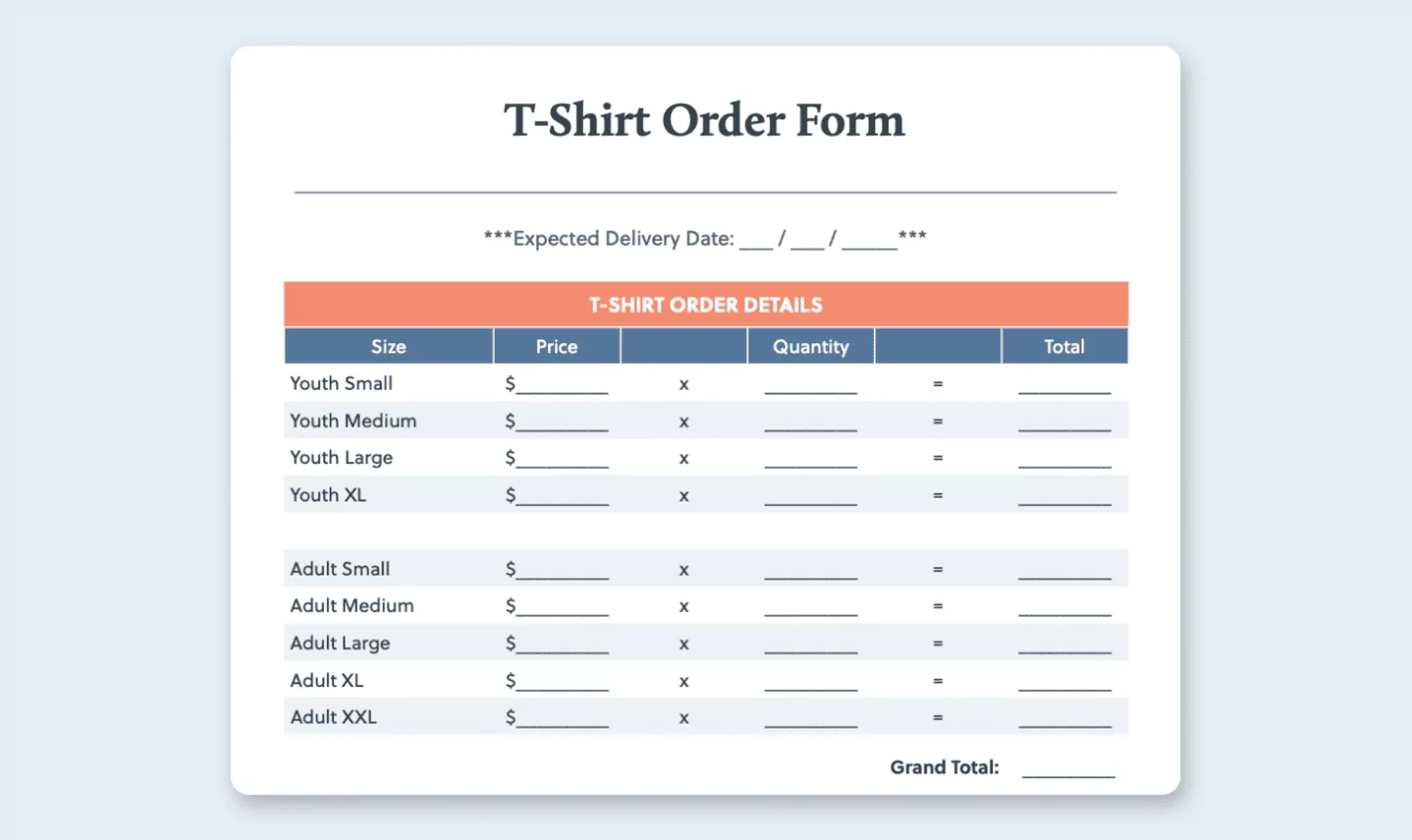 Free Blank Printable T Shirt Order Form