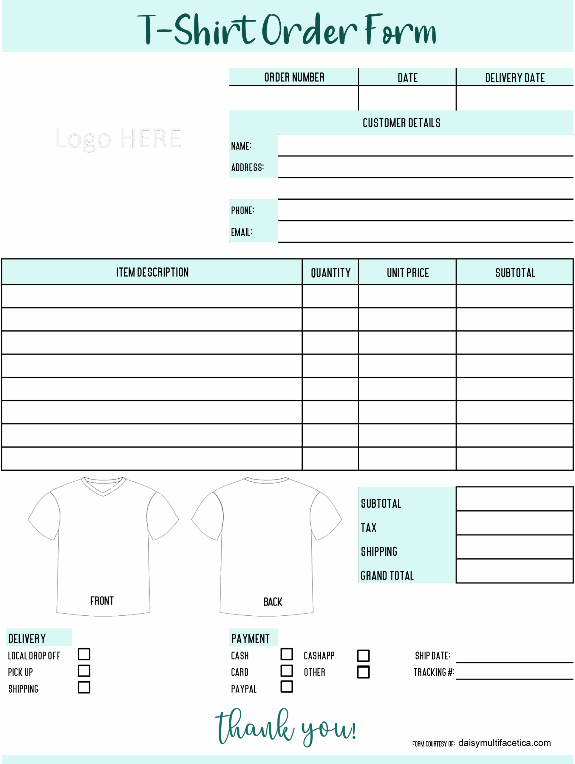 FREE T Shirt Order Form TEMPLATES In PNG To Customize Daisy Multifac tica