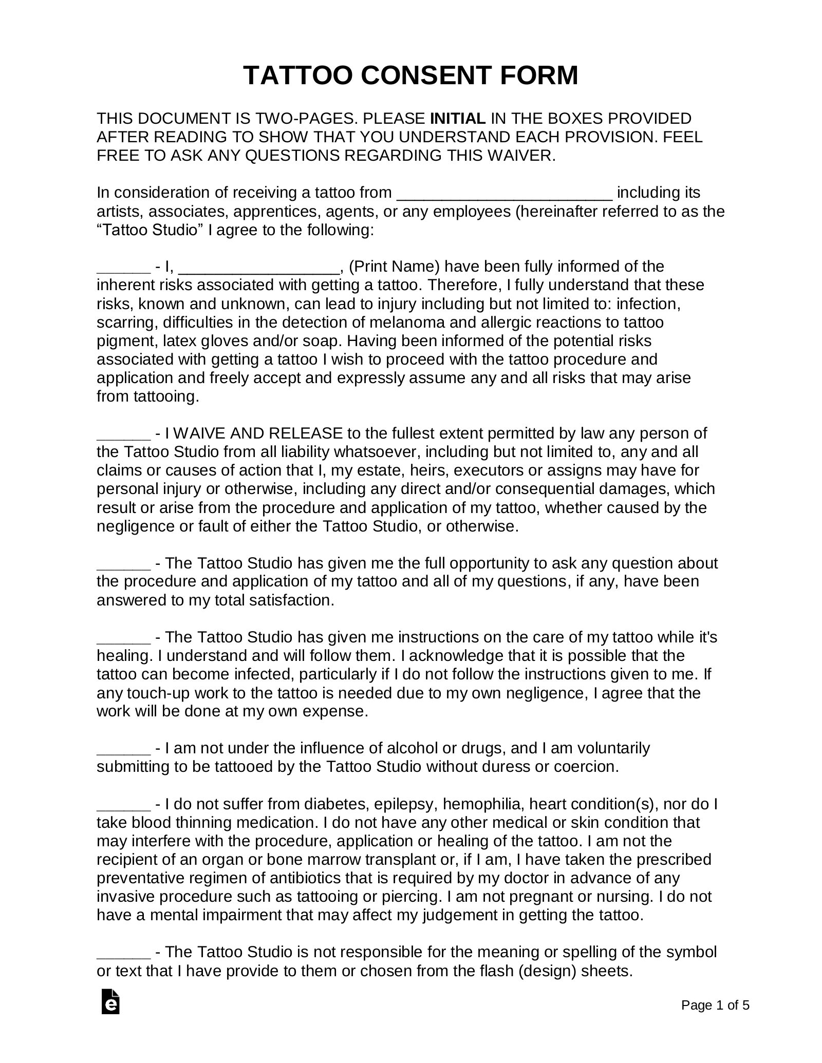 Free Tattoo U0026 Body Piercing Consent Form PDF Word EForms