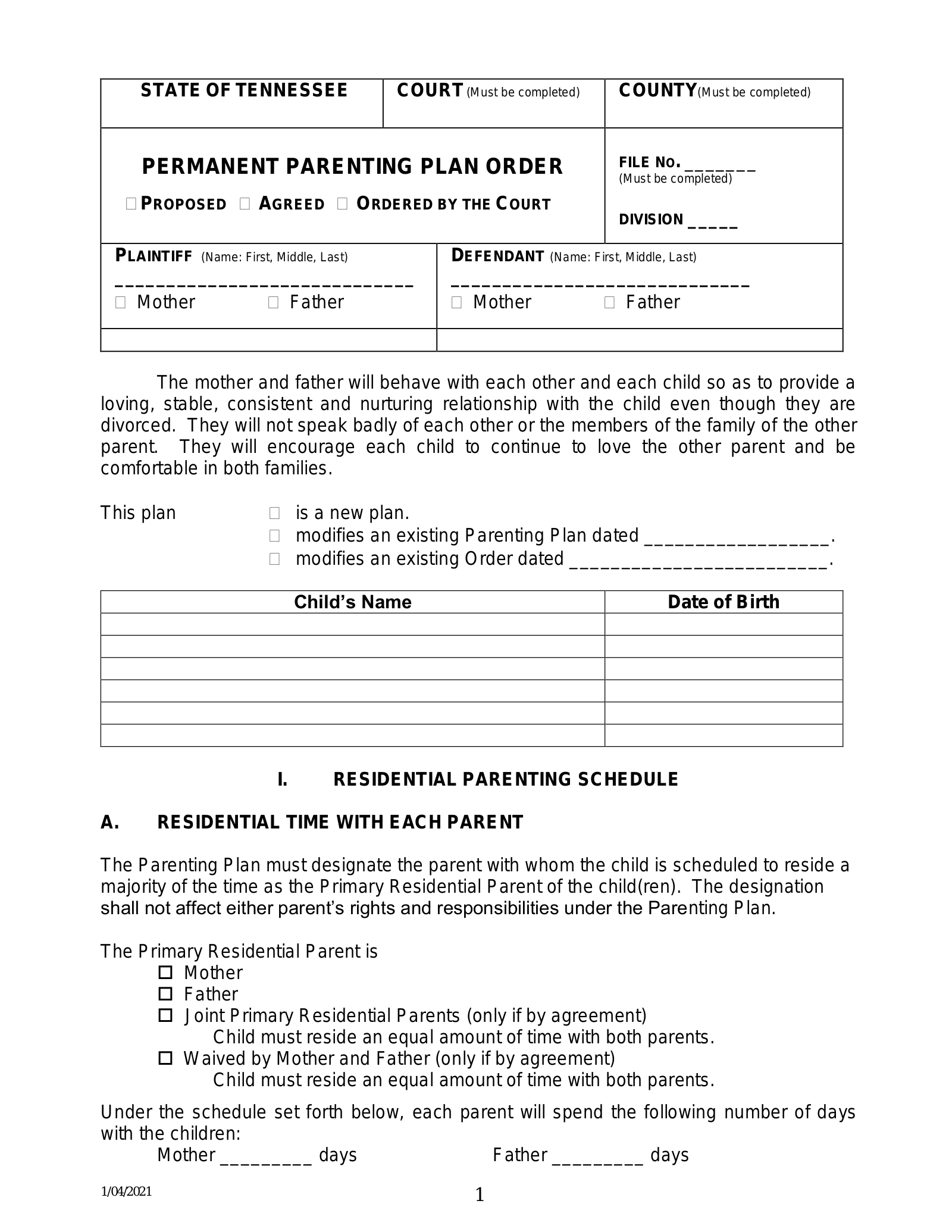 Free Tennessee Custody Parenting Plan PDF EForms