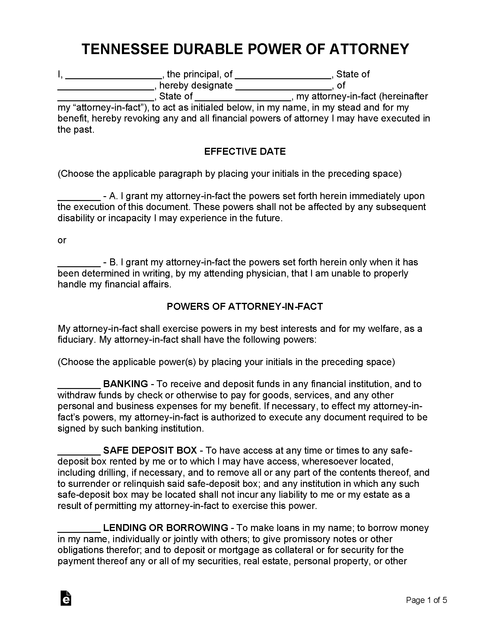 Free Tennessee Durable Financial Power Of Attorney Form PDF
