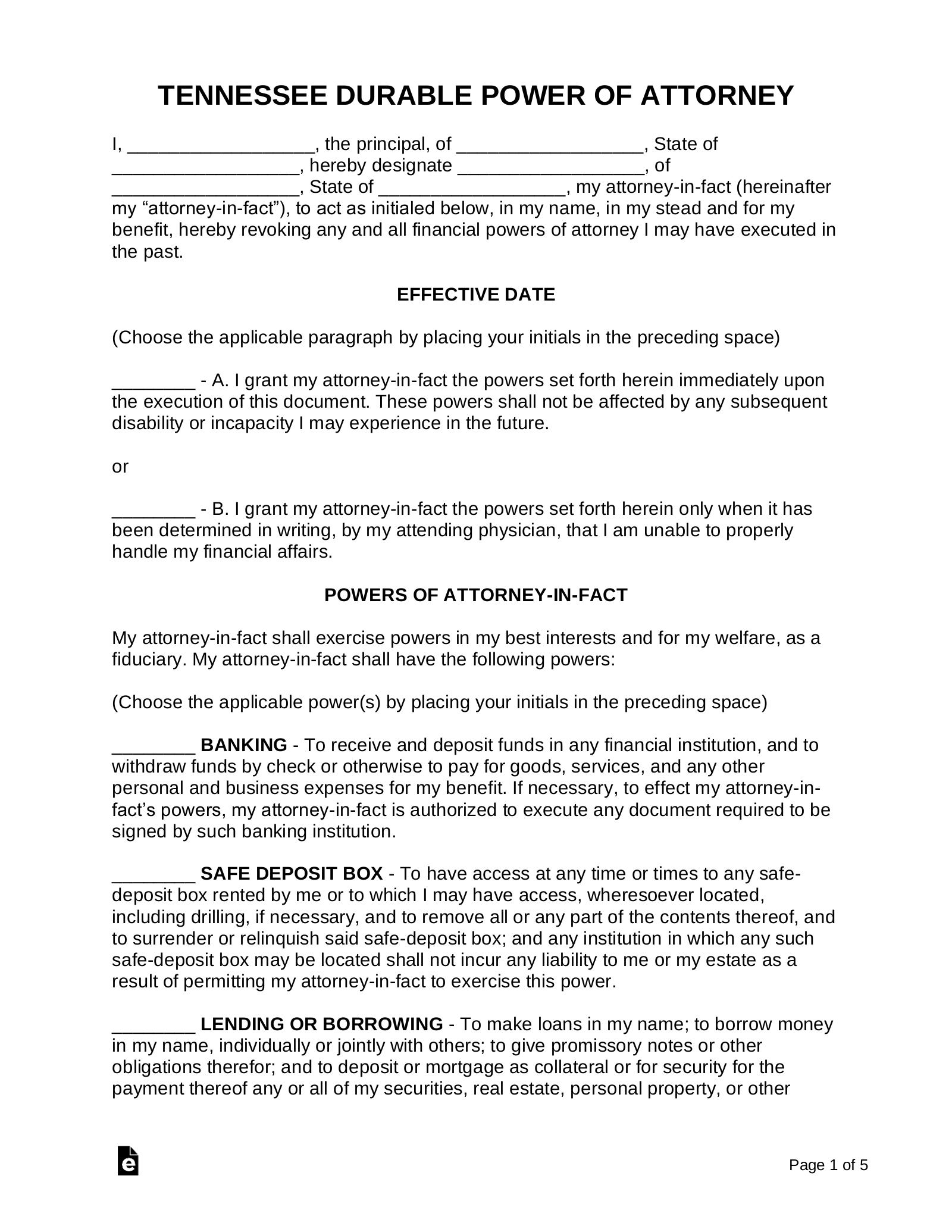 Free Tennessee Durable Financial Power Of Attorney Form PDF 