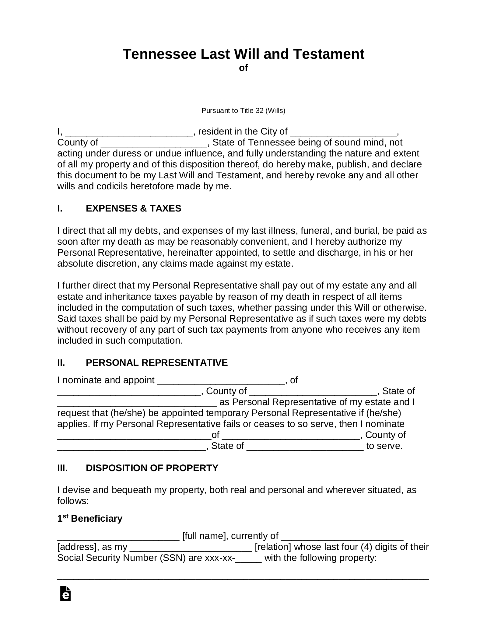 Printable Forms For Last Will And Testament For Tn Free