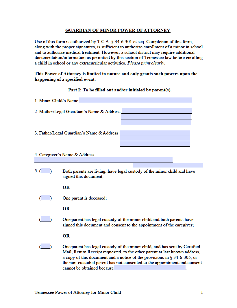 Free Tennessee Minor Child Power Of Attorney Form PDF Word