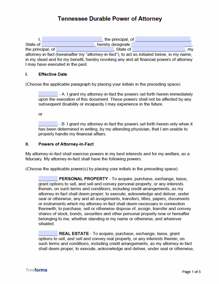 Free Tennessee Power Of Attorney Forms PDF Word