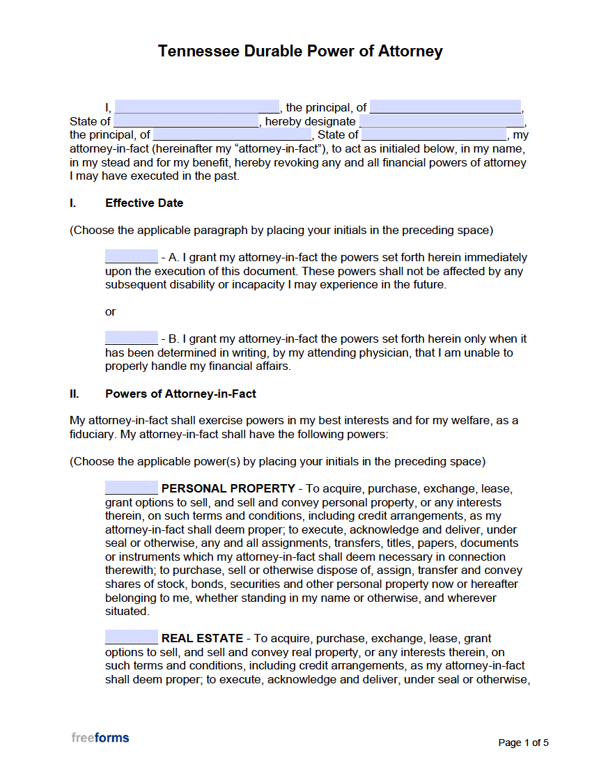 Free Tennessee Power Of Attorney Forms PDF Word
