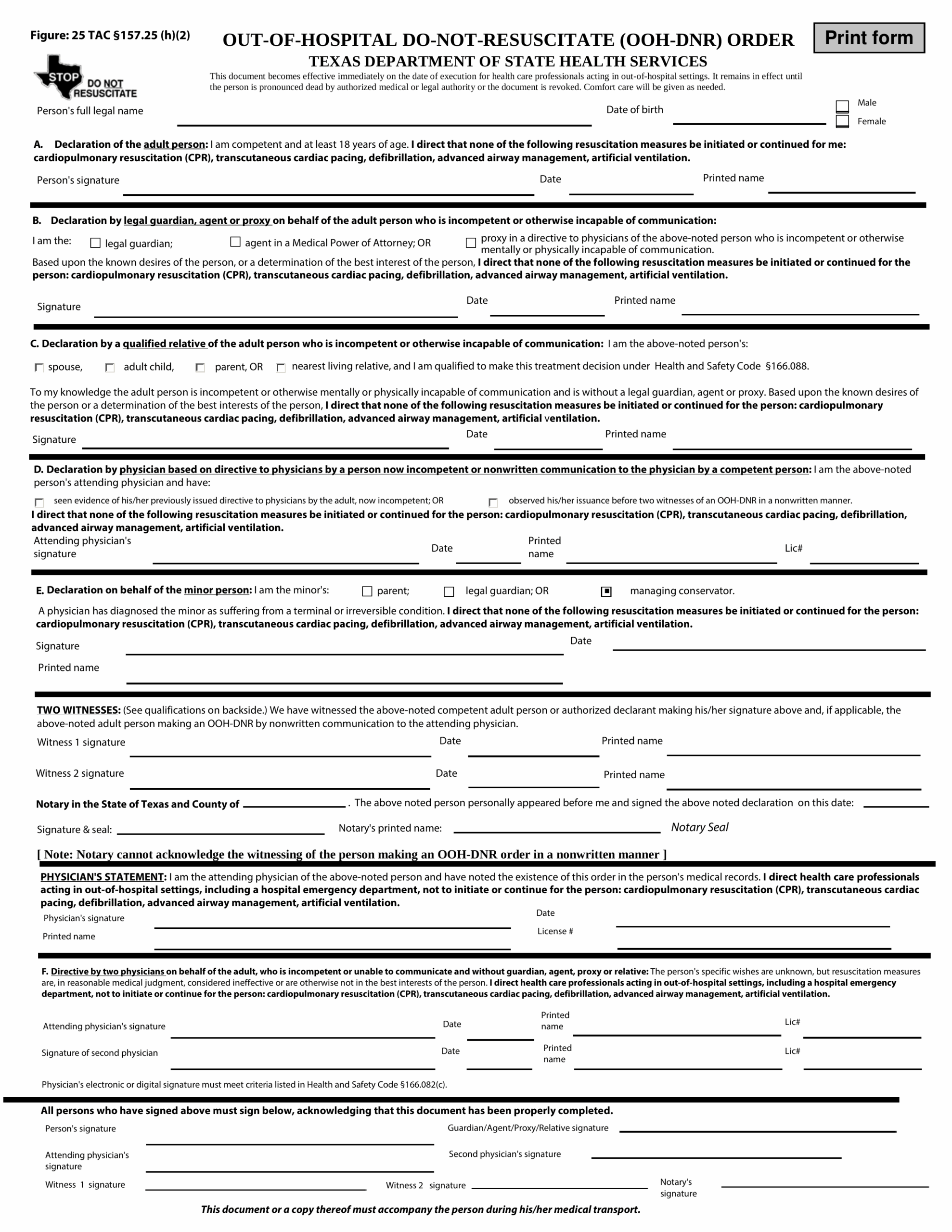 Free Texas Do Not Resuscitate DNR Order Form PDF EForms