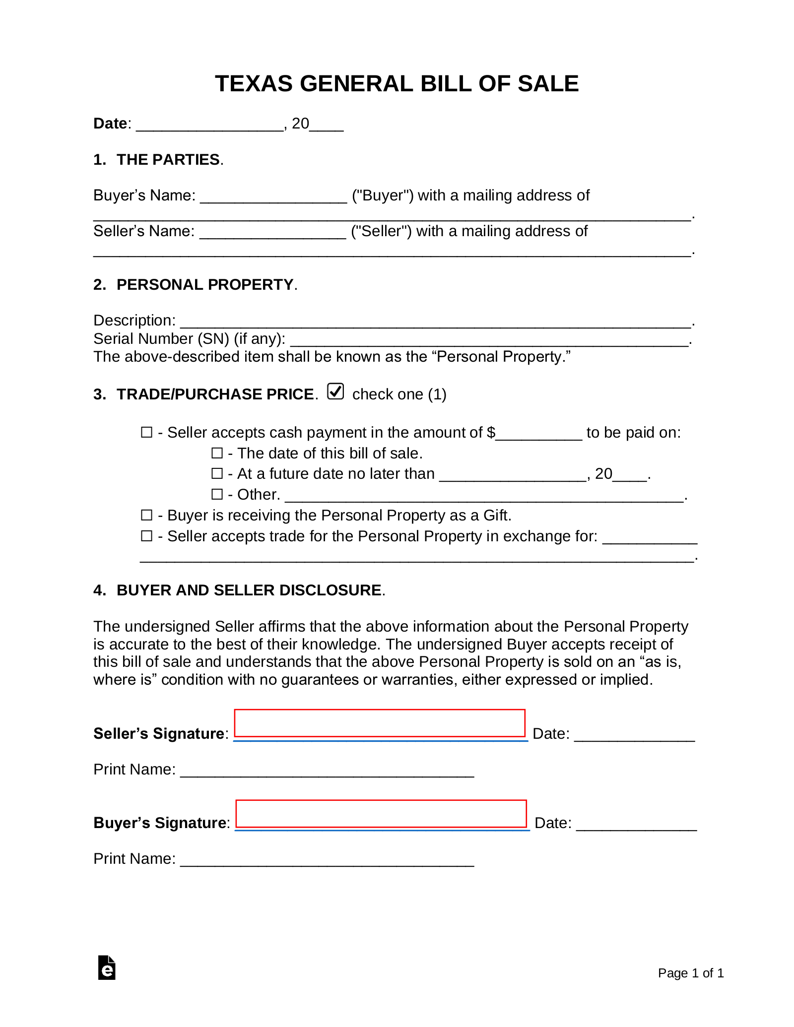 Free Printable Texas Bill Of Sale Form Word Doc