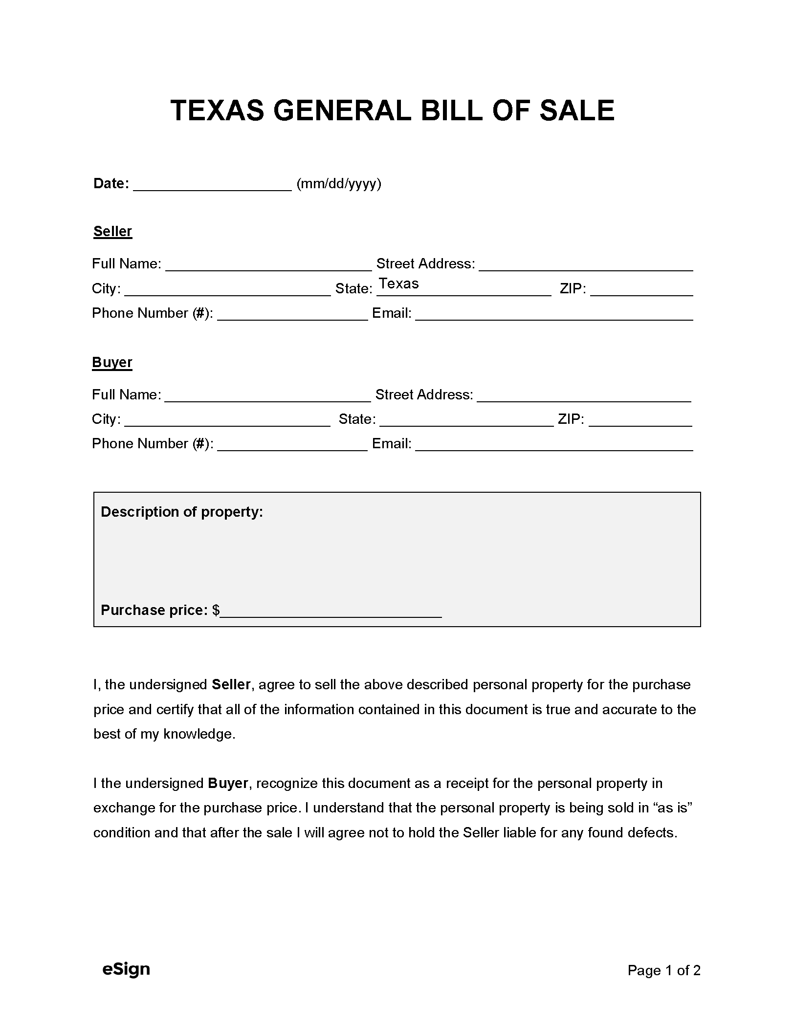 Free Printable Texas Bill Of Sale Form