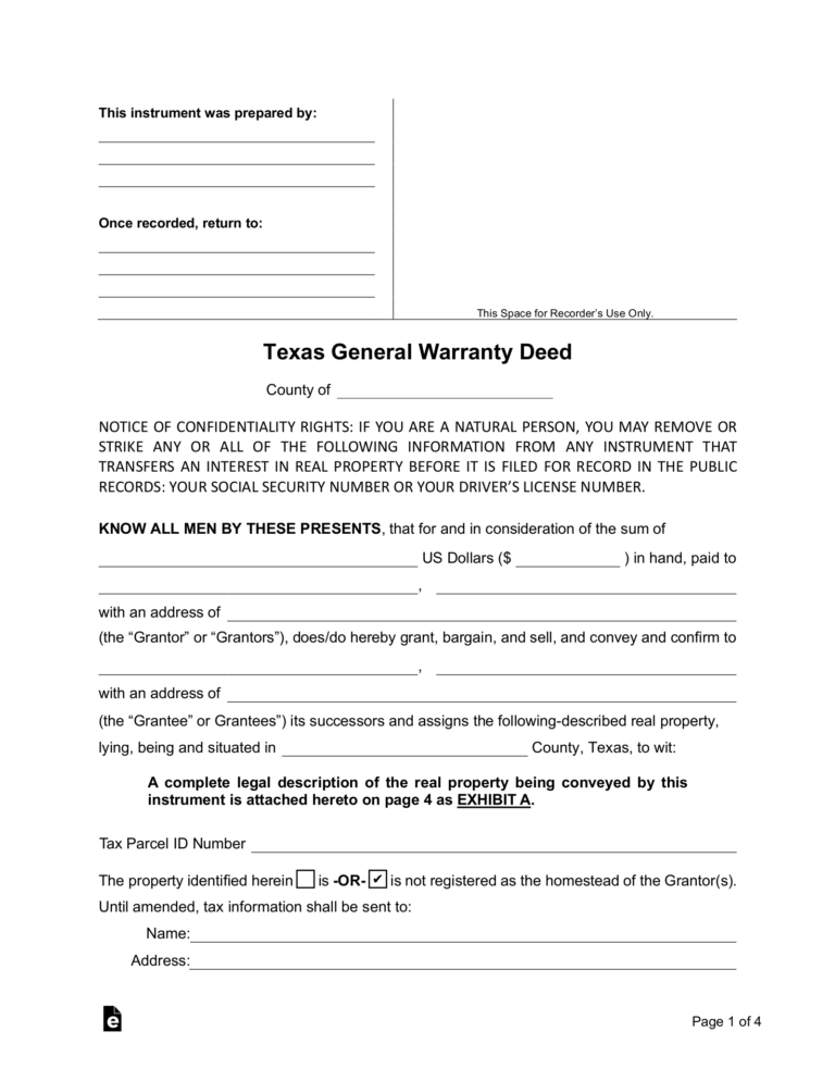 Free Texas General Warranty Deed Form PDF Word EForms