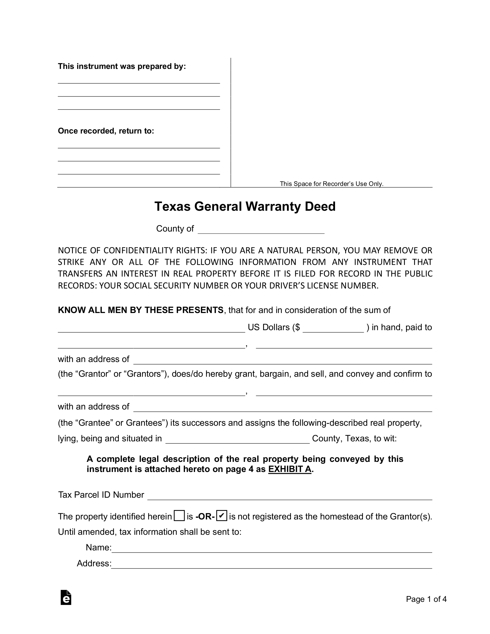 Free Texas General Warranty Deed Form PDF Word EForms