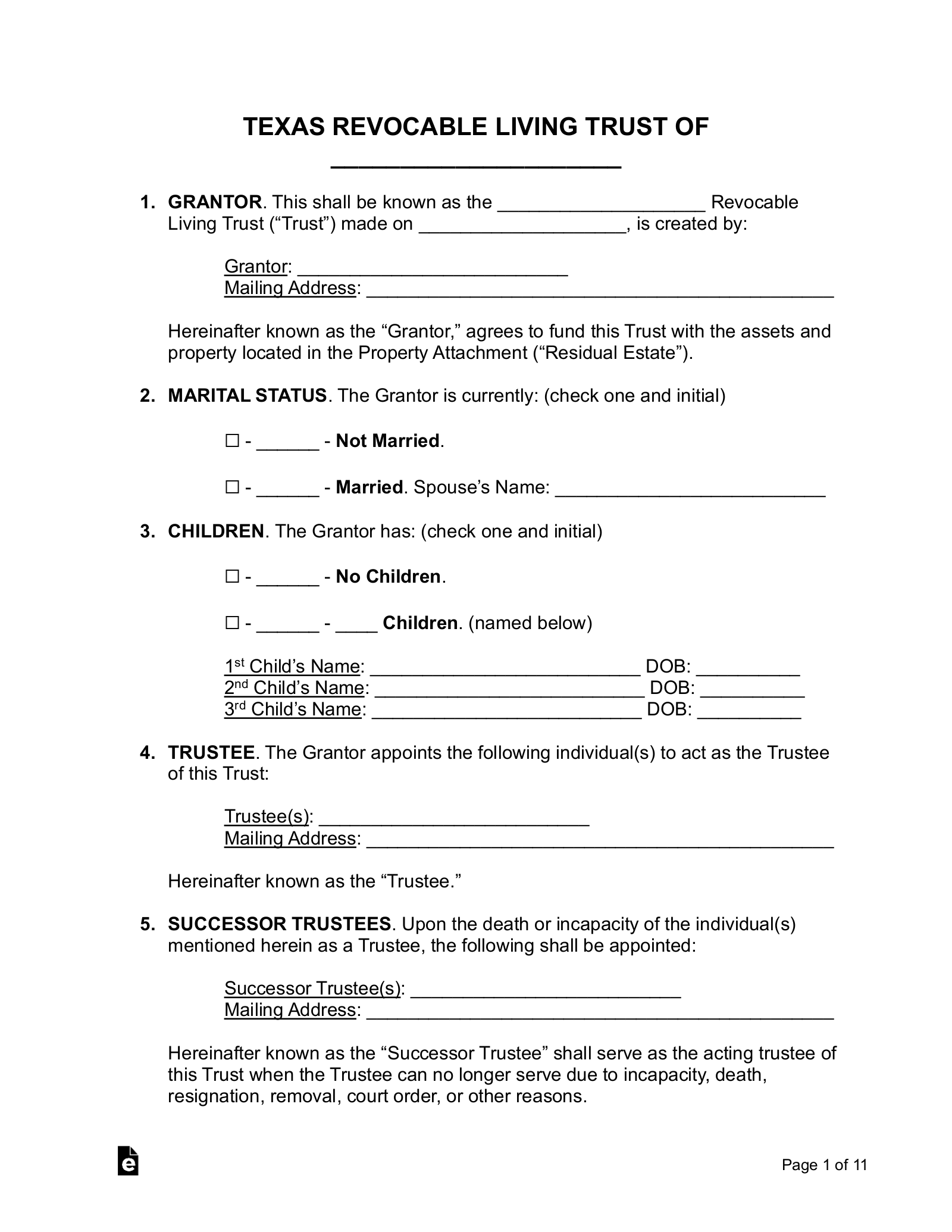 Free Texas Living Trust Form Revocable PDF Word EForms