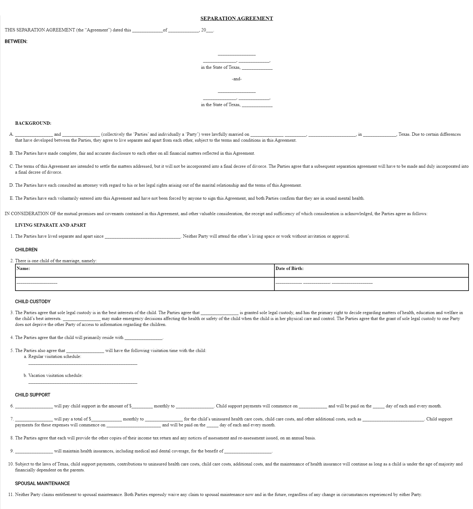 Free Texas Marital Separation Agreement Legal Separation TX 