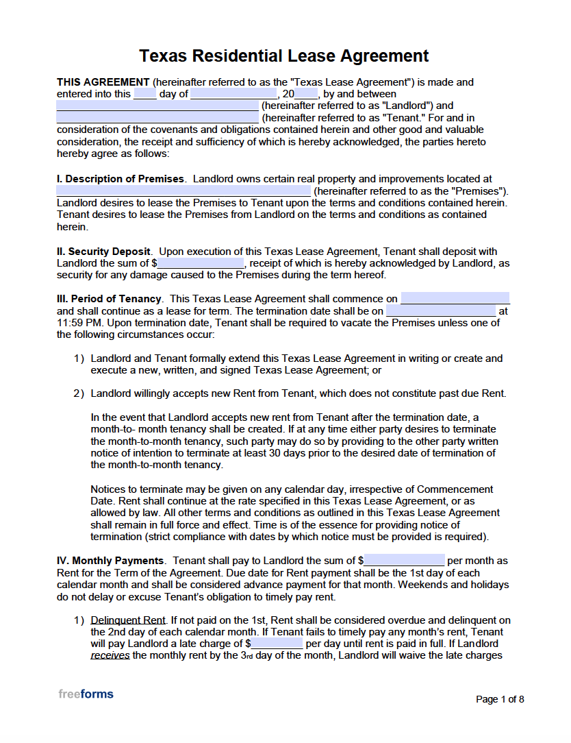 Free Texas Rental Lease Agreement Templates PDF Word