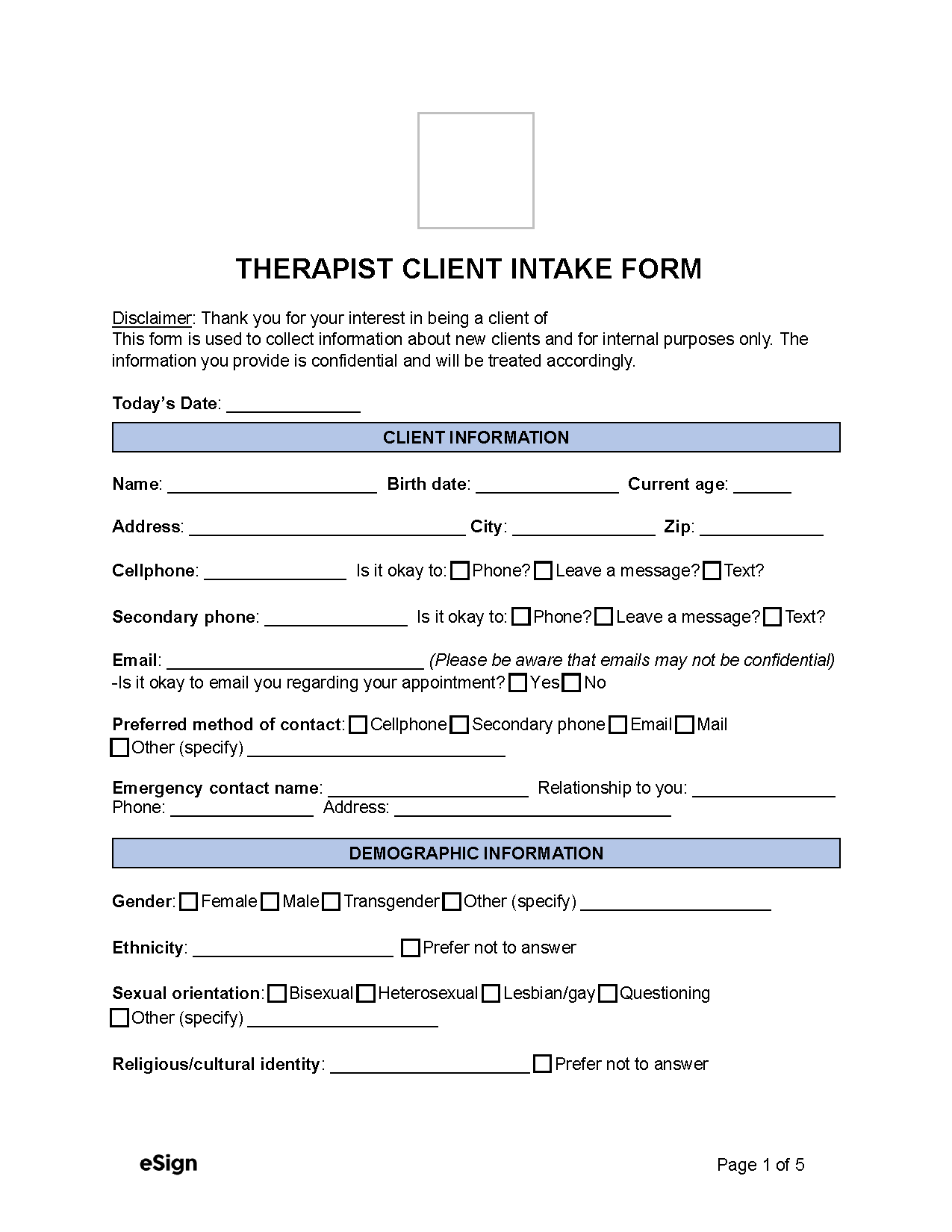 Free Therapist Client Intake Form PDF Word