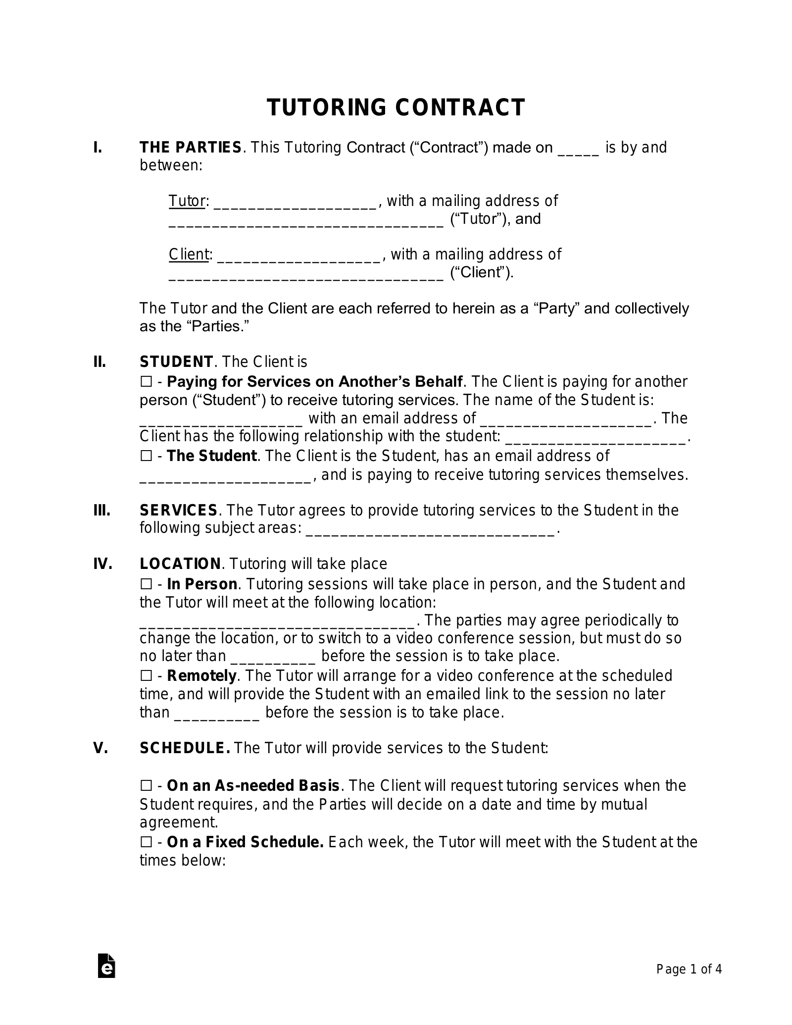 Free Tutoring Contract PDF Word EForms