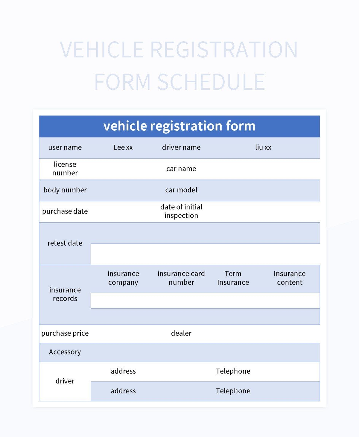 Free Vehicle Registration Form Templates For Google Sheets And Microsoft Excel Slidesdocs
