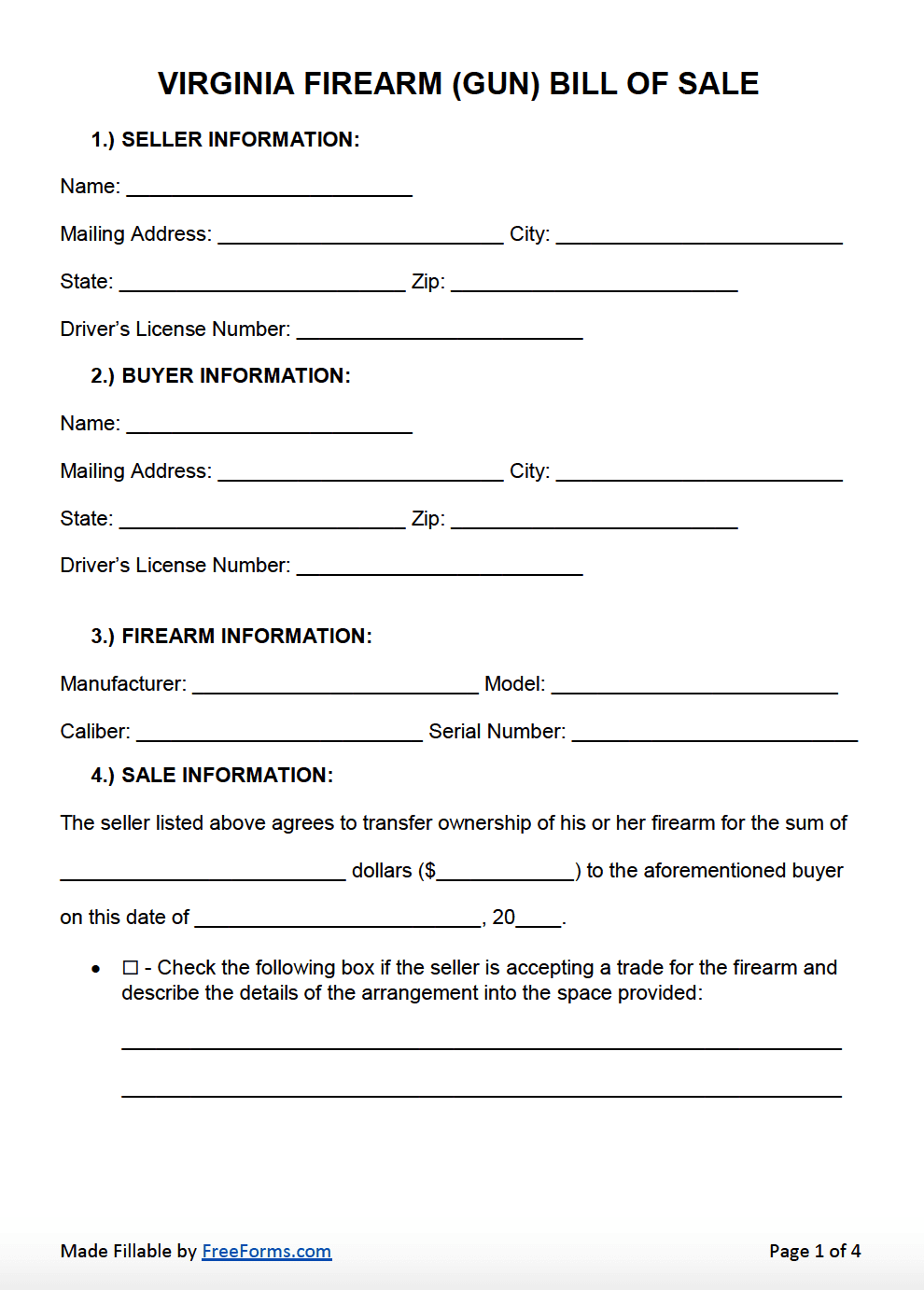 Free Virginia Firearm Gun Bill Of Sale Form PDF Word