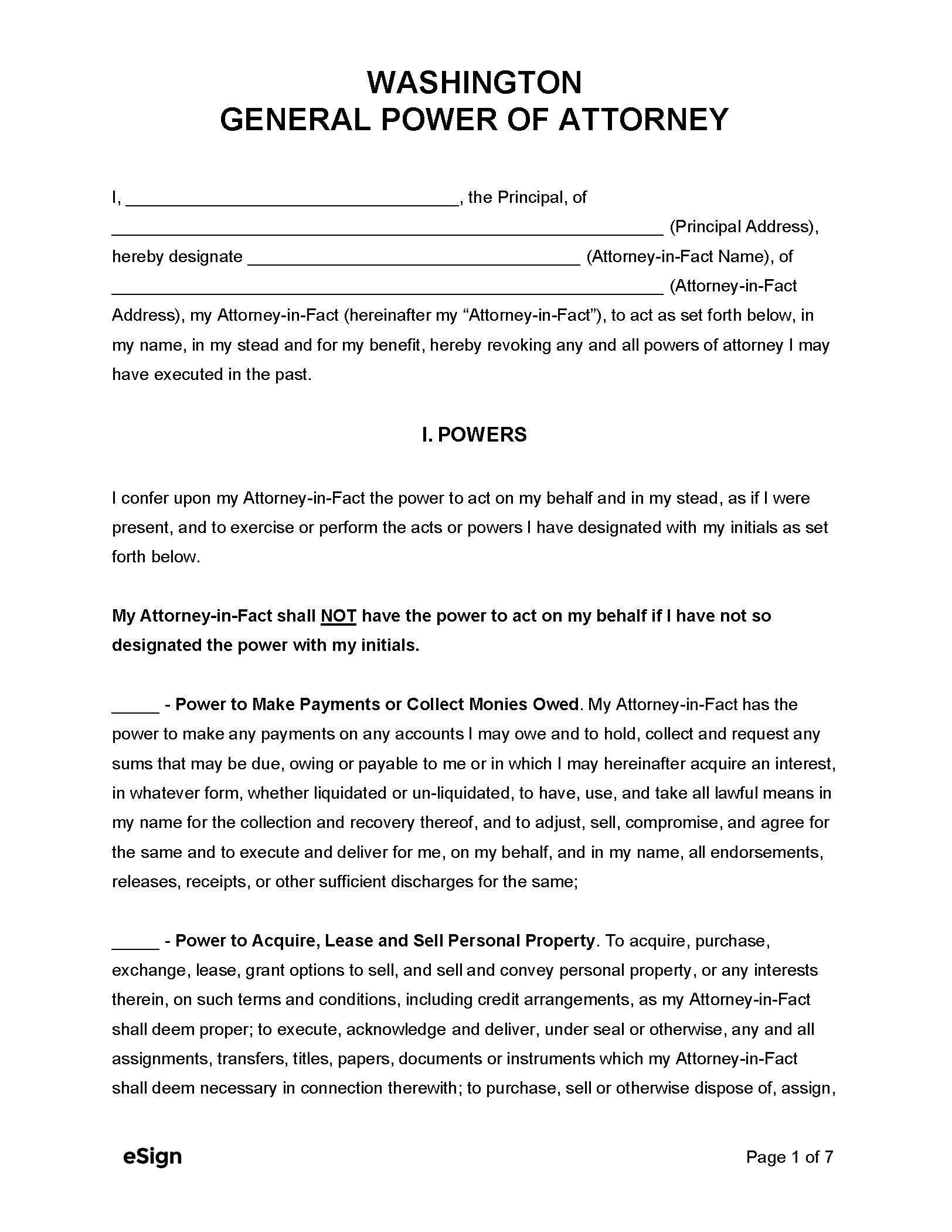 Free Washington General Power Of Attorney Form PDF Word