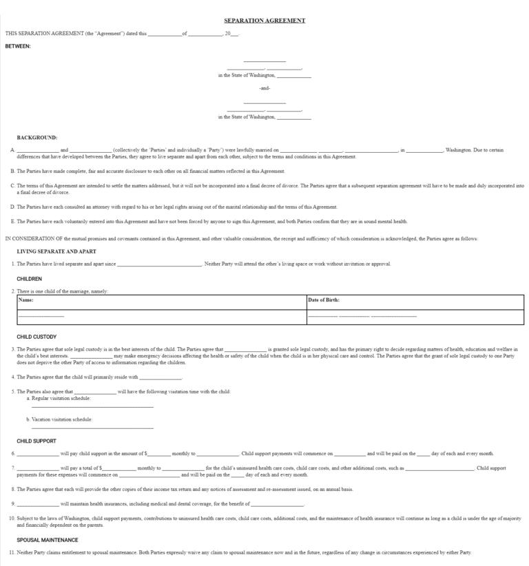 Free Washington State Marital Separation Agreement Separation Contract WA