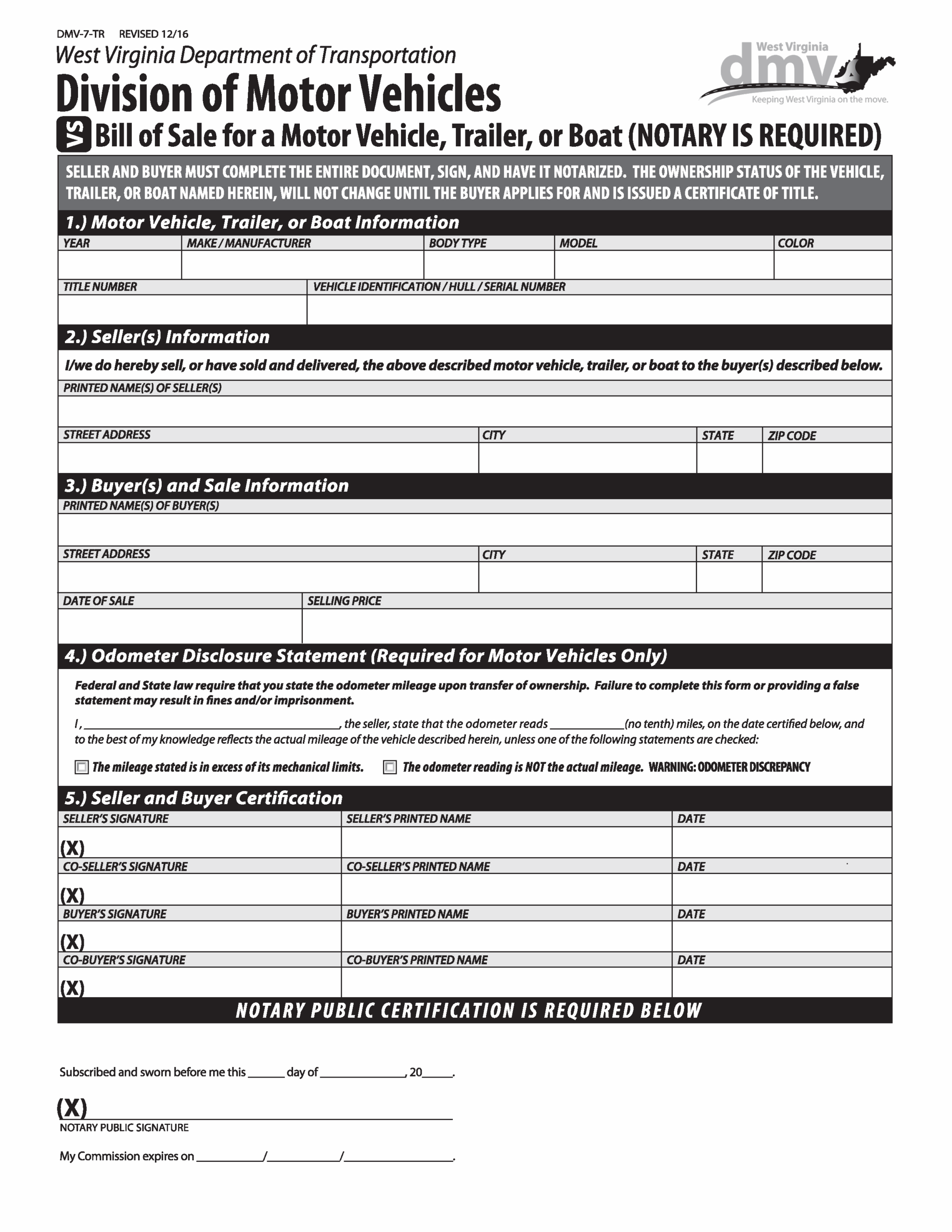 Free West Virginia Boat Bill Of Sale Form PDF