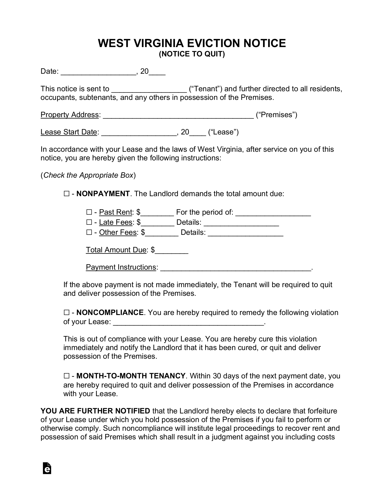 Free West Virginia Eviction Notice Forms 2 PDF Word EForms