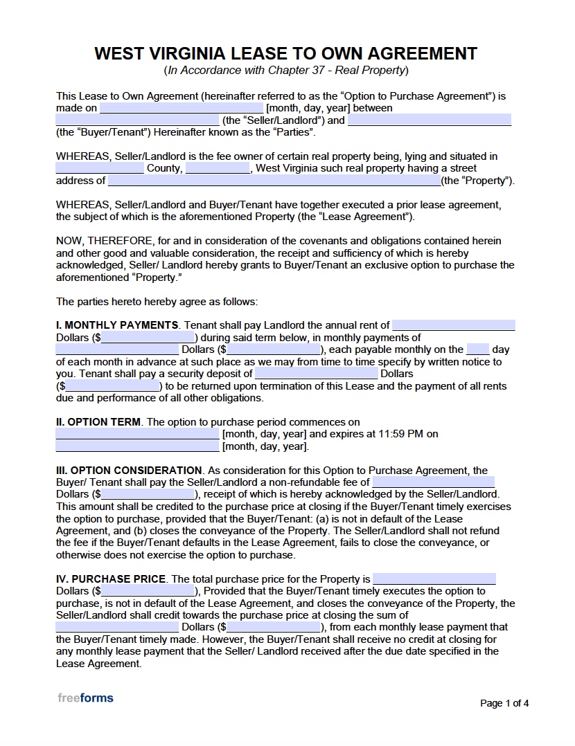 Free West Virginia Lease To Own Agreement Form PDF Word