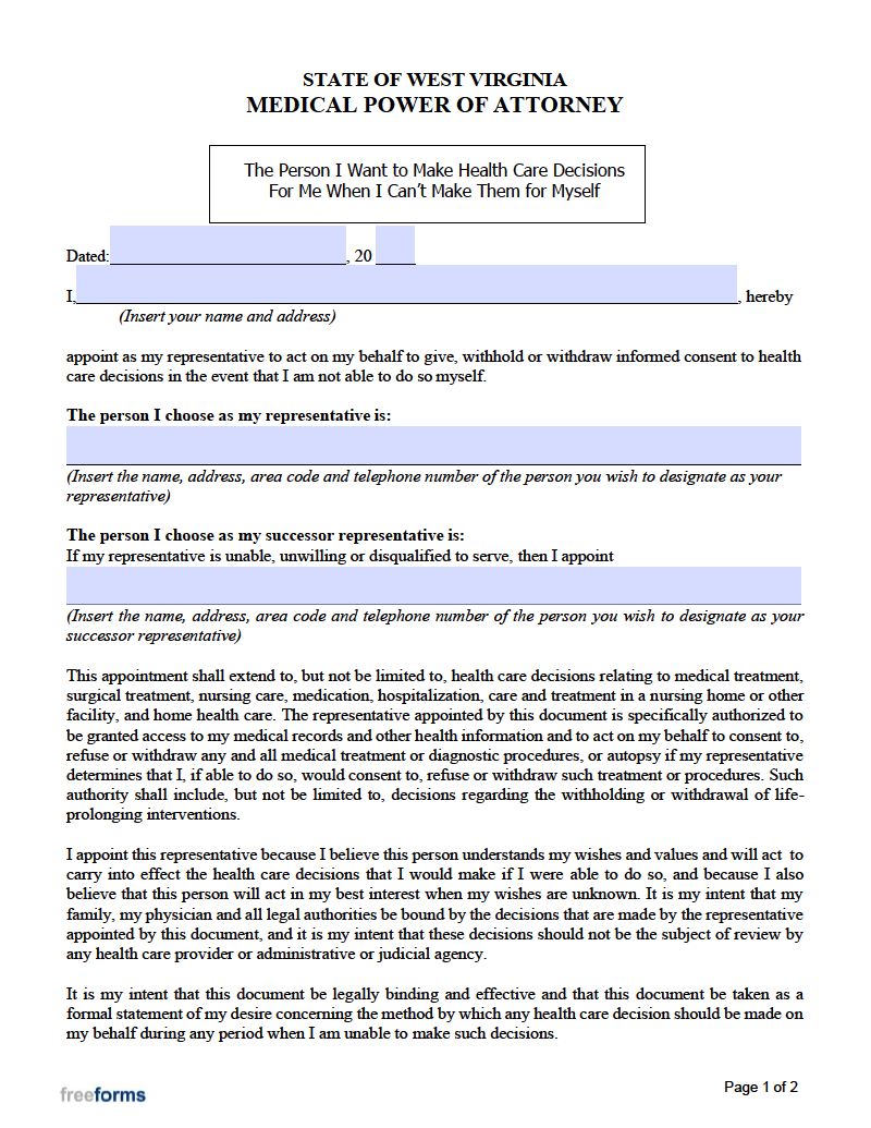Free West Virginia Medical Power Of Attorney Form PDF Word