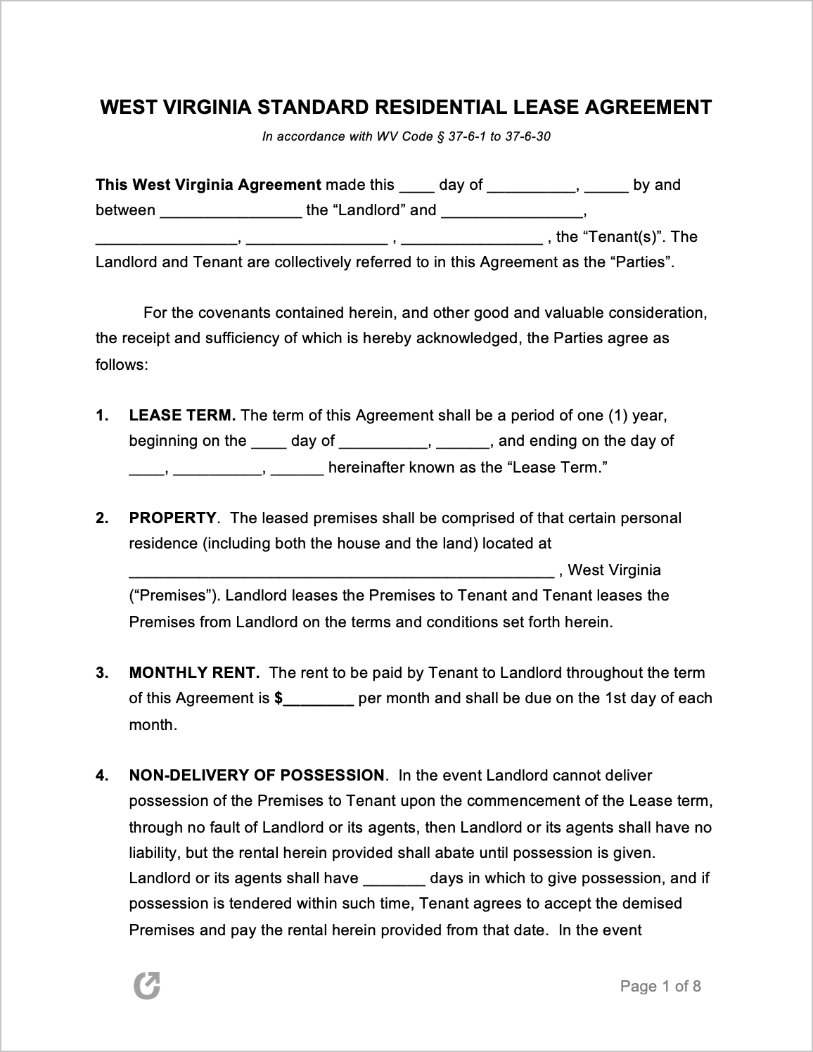 Free West Virginia Rental Lease Agreement Templates PDF WORD
