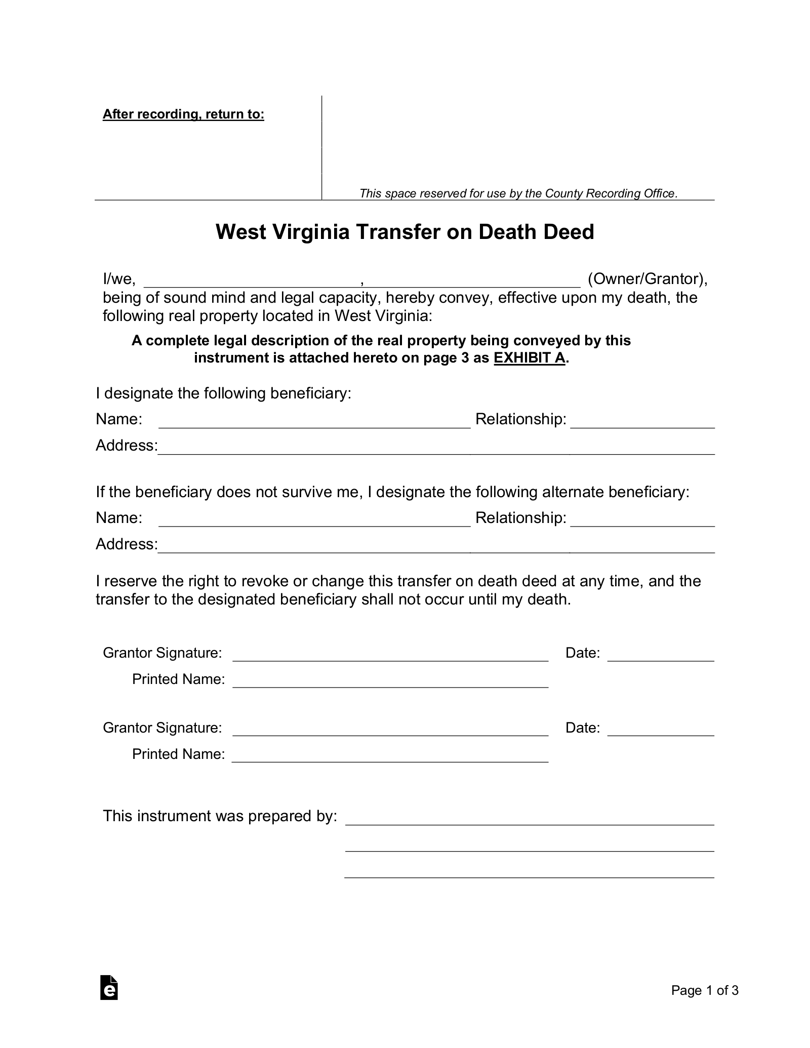 Free West Virginia Transfer On Death Deed PDF Word EForms