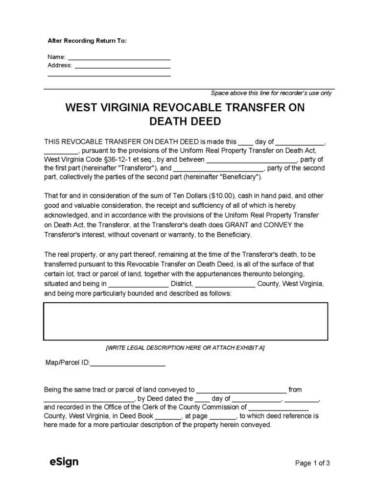 Free West Virginia Transfer On Death Form PDF Word