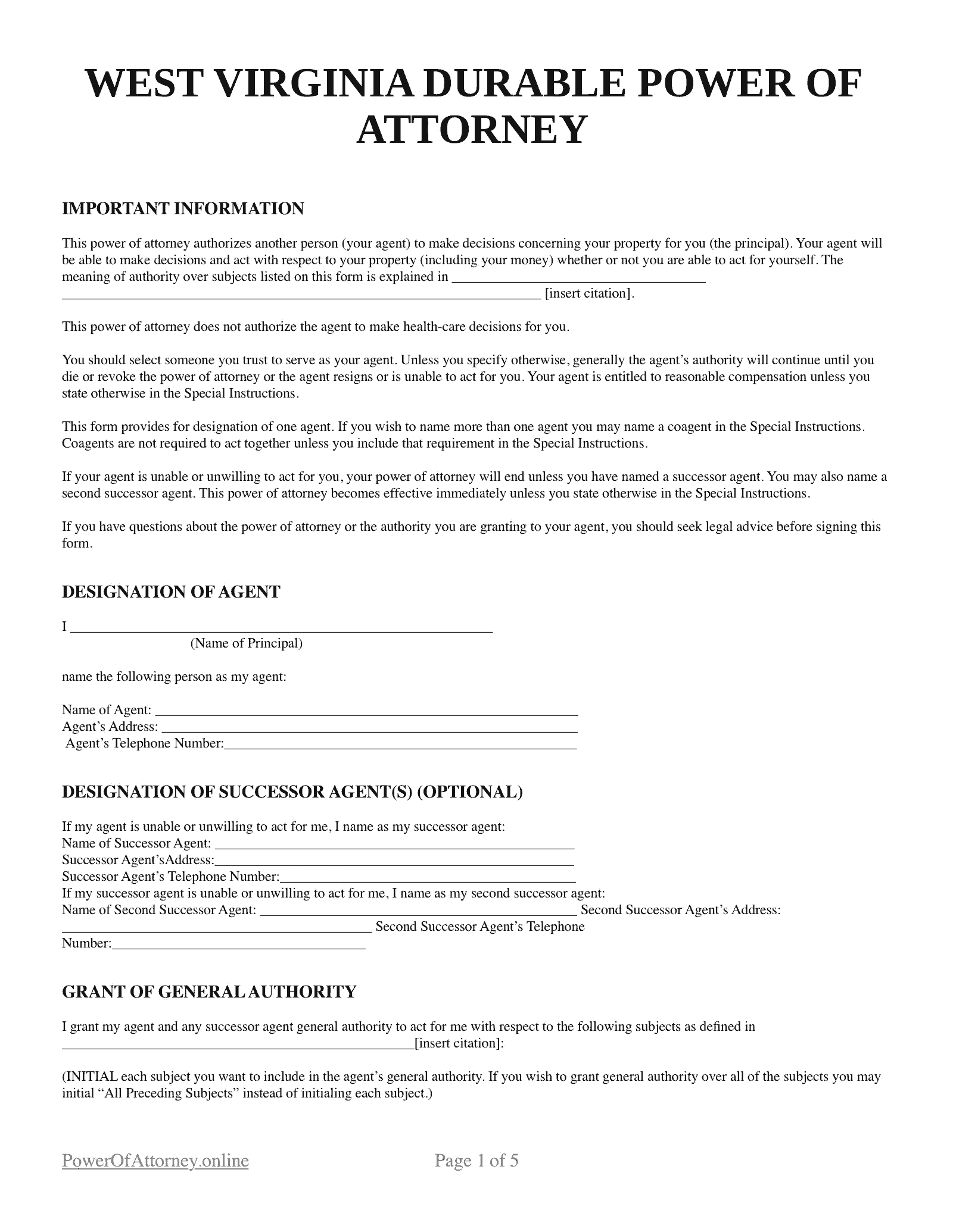 Free West Virginia WV Durable Power Of Attorney Forms 